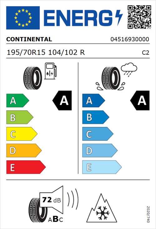 Tyre Label for Continental VanContact Eco 195/70R15 104/102R