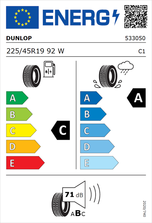 Tyre Label for Dunlop SP Sport Maxx RT 2 225/45R19 92W