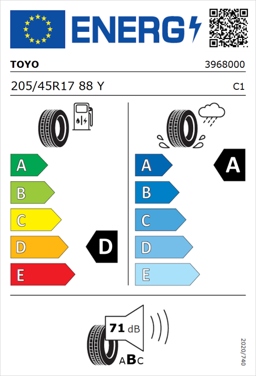Tyre Label for Toyo Proxes Sport 205/45R17 88Y